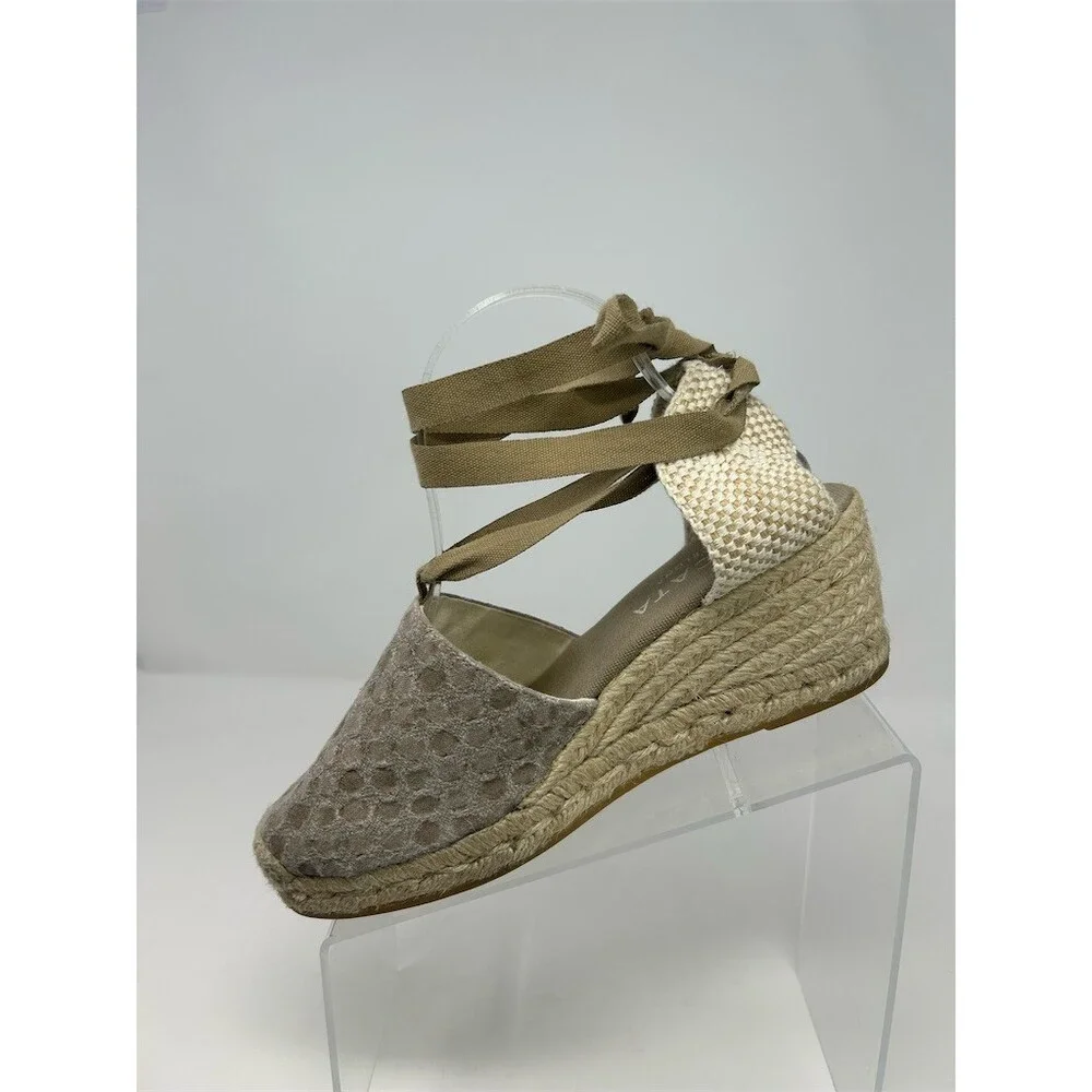 Viscata Barcelona Womens Espadrille Wedge Heels Beige Lace Up Almond Toe Size 40